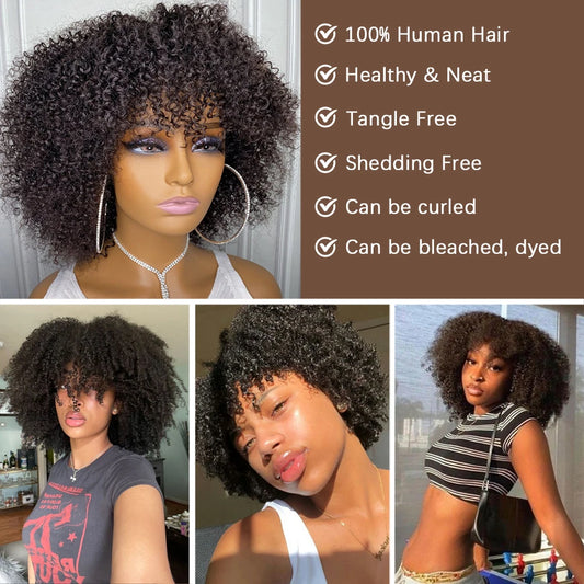 Short Afro Kinky Curly Human Hair Wig with Bangs