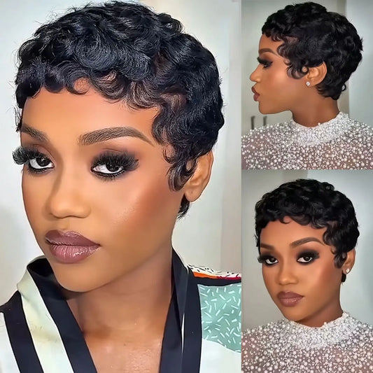#1B Black Curly Pixie Cut Human Hair Wig